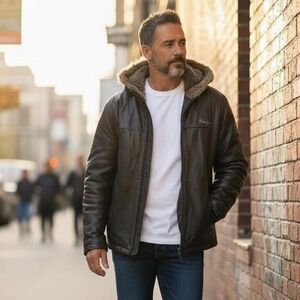 Phat Farm Vintage Black Leather Hooded Fur Lined Parka Jacket 5X MSRP $625